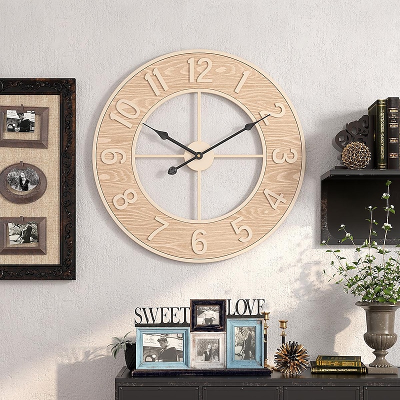 Creative Wall Clock Wall Clocks With Wooden Numbers Silent Non Ticking Home Clock Decoration Silent Clock Suitable For Living Room Bedroom Study Office 50 cm2