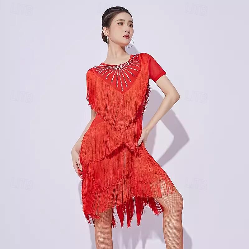 Latin Dance Dress Tassel Splicing Crystals / Rhinestones Women's Performance Training Short Sleeve Mesh Milk Fiber4