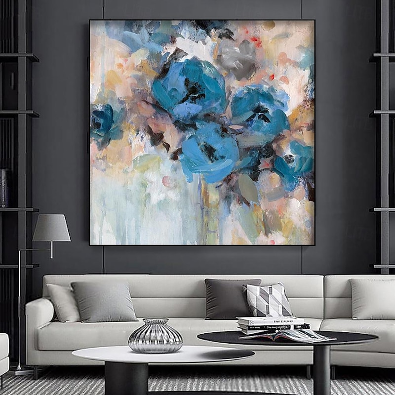 Handmade Oil Painting Canvas Wall Art Decoration Modern Abstract Blue Rose Flower for Home Decor Rolled Frameless Unstretched Painting