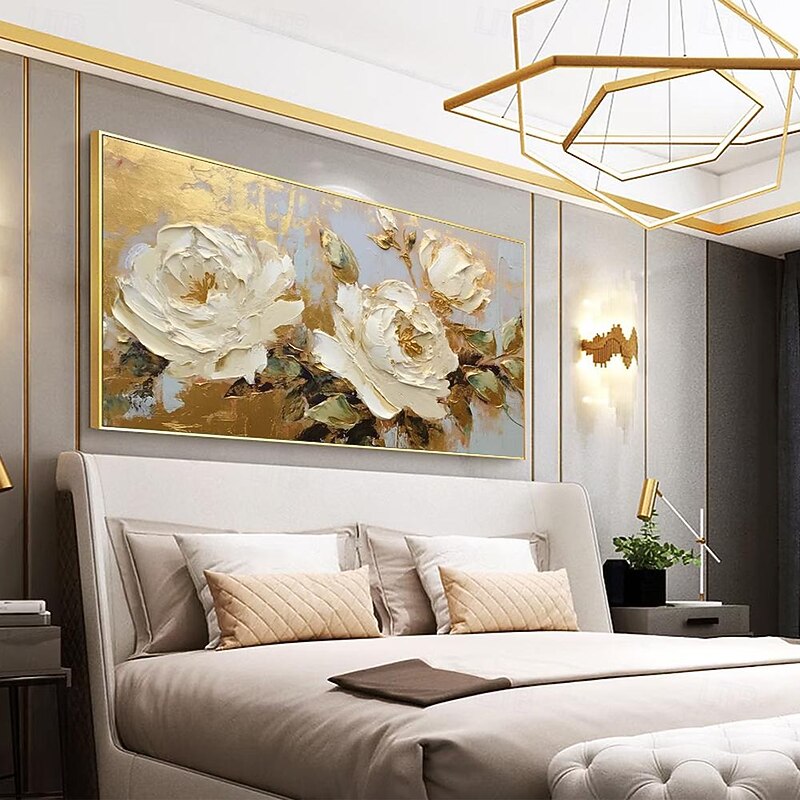 Mintura Handmade Gold Floral Oil Paintings On Canvas Large Wall Art Decoration Modern Abstract White Flower Picture For Home Decor Rolled Frameless Unstretched Painting4
