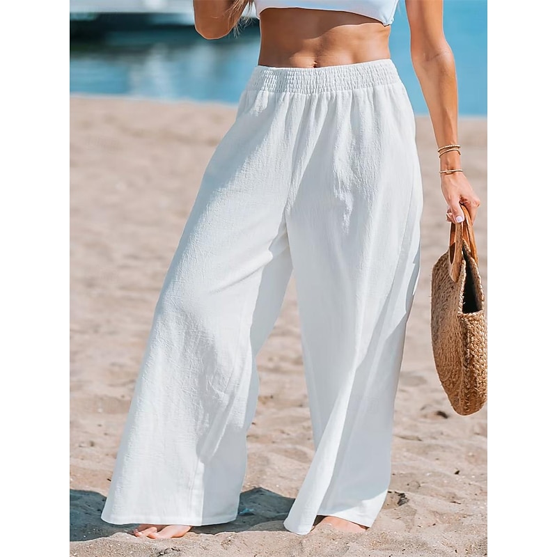 Women's Wide Leg Pants Trousers Streetwear Casual Long High Waist Plain Elastic Waist High Cut Breathability Soft Micro-elastic Vacation Street Daily Wear White Summer Spring Regular Fit2