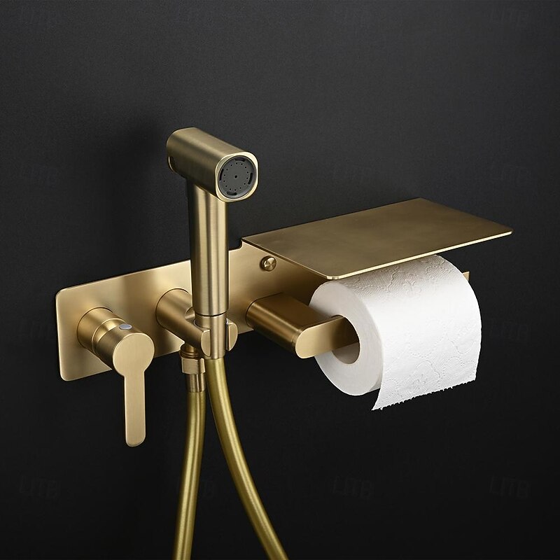 Brushed Grey Bidet Sprayer Concealed Button Brass Valve with Commodity Shelf Paper Holder Plastic Sprayer PVC Hose2