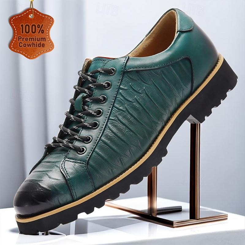 Men's Dress Sneakers Green Leather Black Toe Cap Rugged Sole