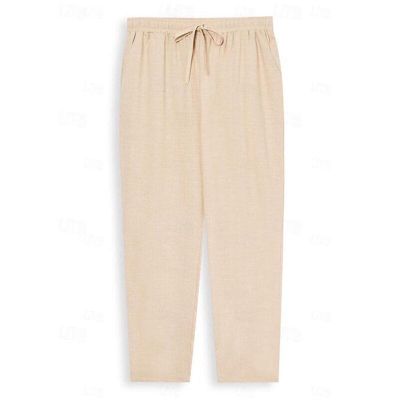 Men's Linen Pants Trousers Summer Pants Drawstring Elastic Waist Plain Comfort Soft Daily Beach Fashion Simple Khaki Micro-elastic2