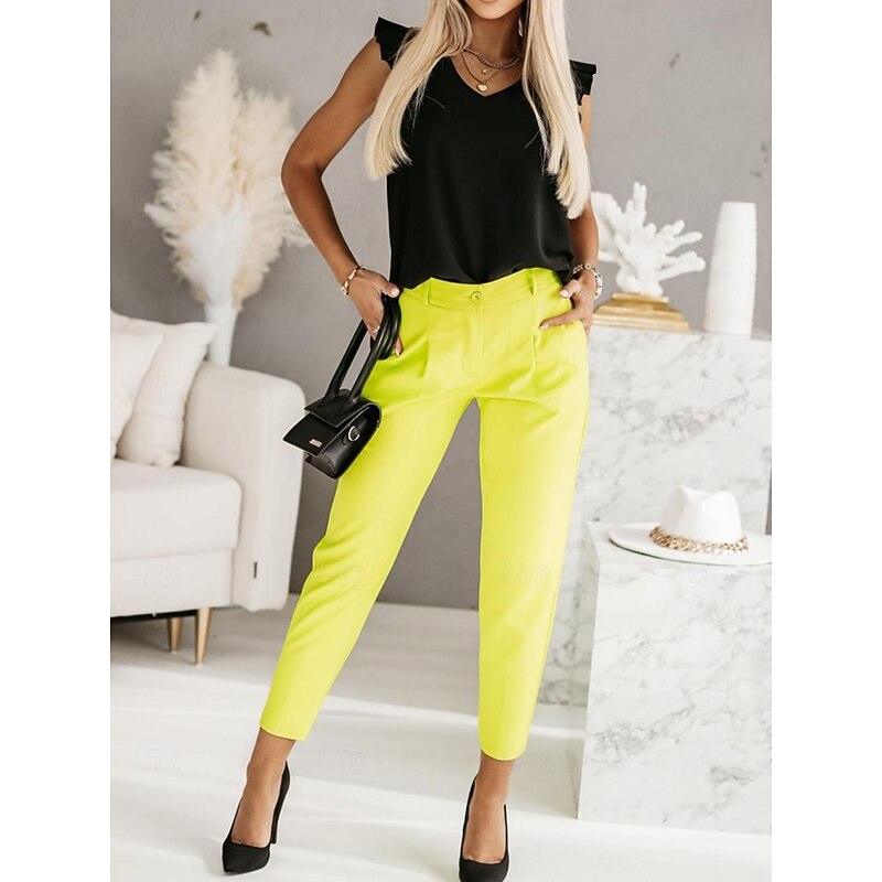 Women's Camisole Tank Top Black White Fuchsia Plain Ruffle Street Daily Fashion V Neck Regular Fit S4