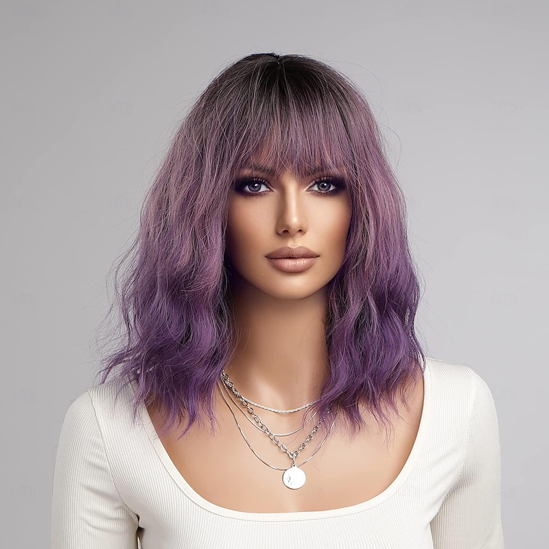 Grey Green Pink Blonde Purple Wig for Women Ombre Purple Bob Wig Mardi Gras Wigs Short Curly Wavy Black to Purple Wig with Bangs Synthetic Heat Resistant2