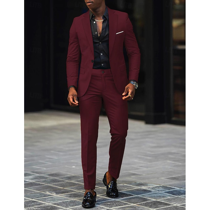 Men's Wedding Suits Notch Black Burgundy Daily Business Solid Colored Tailored Fit 2 Piece Single Breasted One-button