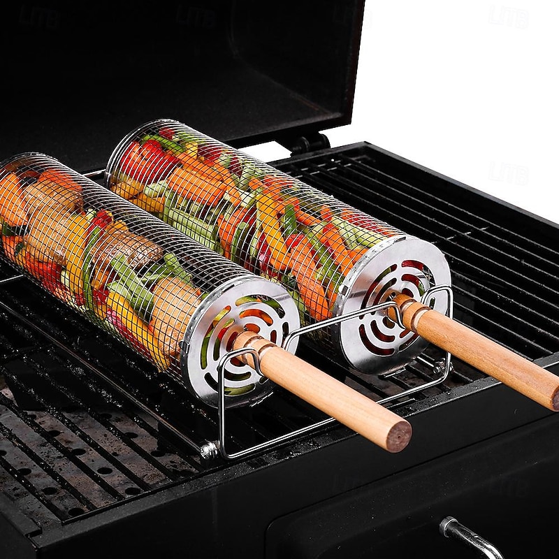 Rolling Grill Basket - SUS304 Stainless Steel Barbecue Cooking Grill Grate - Outdoor Round BBQ Campfire Grill Grid - Camping Picnic Cookware3