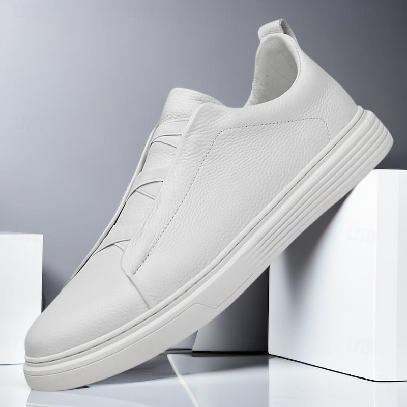 Men's White Leather Slip-On Sneakers – Minimalist Design with Comfortable Sole for Casual Wear