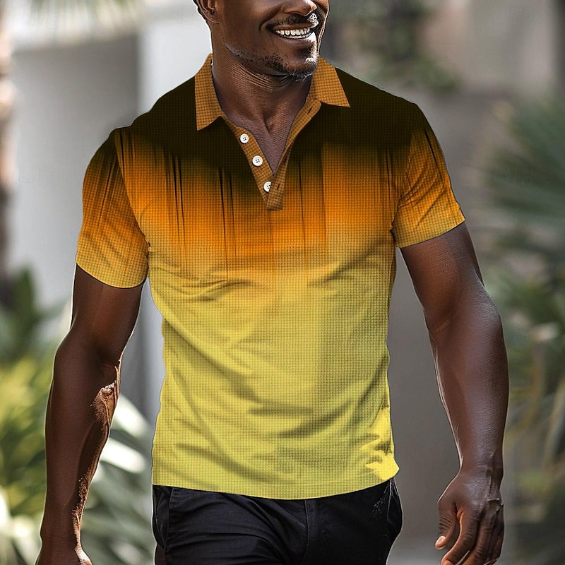 Men's Striped Golf Shirt Short Sleeve Polo Shirts Collared Shirts Casual Vacation Wear Formal Wear Festival Wear Buttons 3D Print Summer Spring Yellow Orange4
