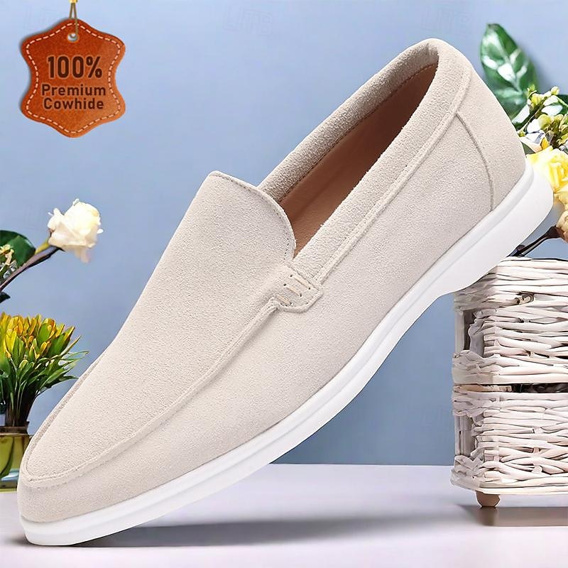 Men's Classic Beige Suede Leather Loafers - Comfortable Slip-On Casual Shoes