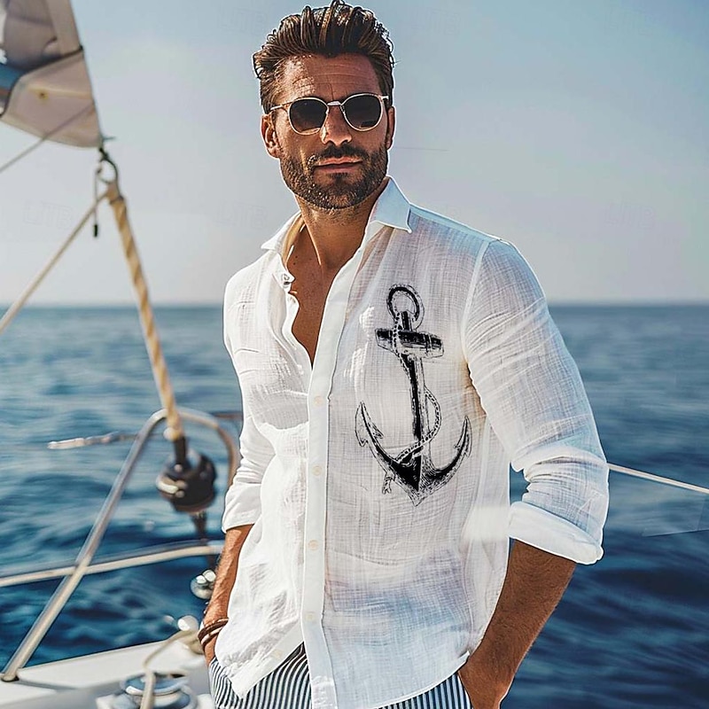 Men's Shirt Graphic Hawaiian Fashion Casual  Linen Shirt Button Up Shirt Long Sleeve Daily Hawaiian Vacation Spring &  Fall Lapel Print White 55%Flax 45%cotton