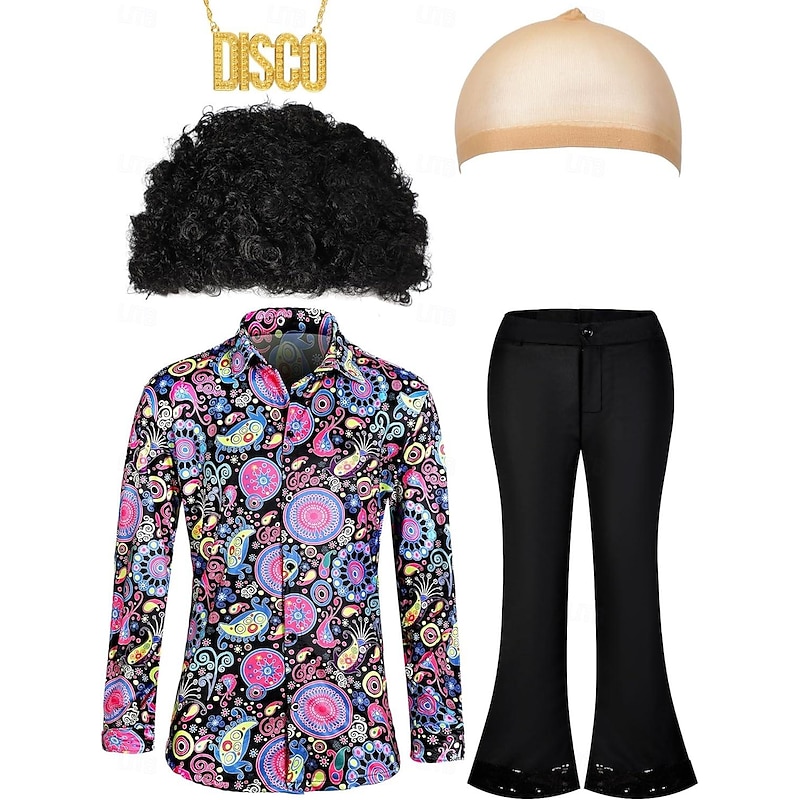 Retro Vintage 1970s Outfits Party Costume Normal Hippie Disco Holiday Christmas Fashion Fancy Dress Men's Halloween Carnival Masquerade Prom Club Pride Parade Adults' Shirt Pants Necklace All Seasons