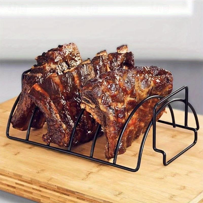 1pc Grill Bbq Rib Rack Holder Steak Barbecue Stand Roast Holder Toast Rack Fish Skewers Outdoor Barbecue Rack Picnic Rack Rib Stand Outdoor Bbq Stainless Steel Lamb Chops Beef Ribs2