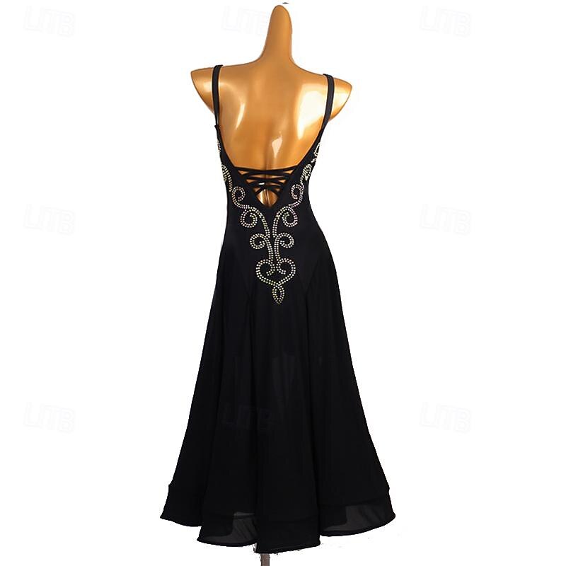 Ballroom Dance Dress Rhinestone Women's Performance Training Sleeveless High Chiffon Chinlon2
