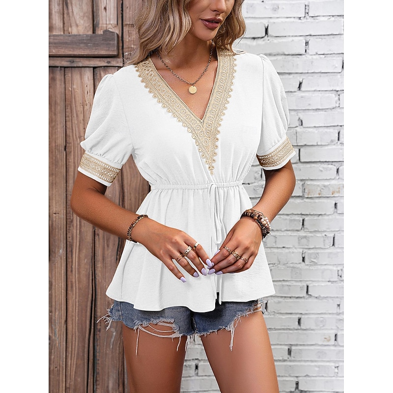 Women's White Elegant Lace Tops Eyelet Blouse Fashion Plain Regular Tops Short Sleeve V Neck Lace Regular Fit Vacation Daily Romantic Petite Tops Summer Holiday Wear Black White Red Green Summer3