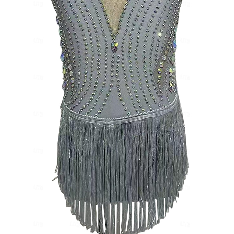 Figure Skating Dress Women's Girls' Ice Skating Dress Grey Tassel Mesh Spandex Micro-elastic Training Skating Wear Crystal / Rhinestone Sleeveless Ice Skating Figure Skating4