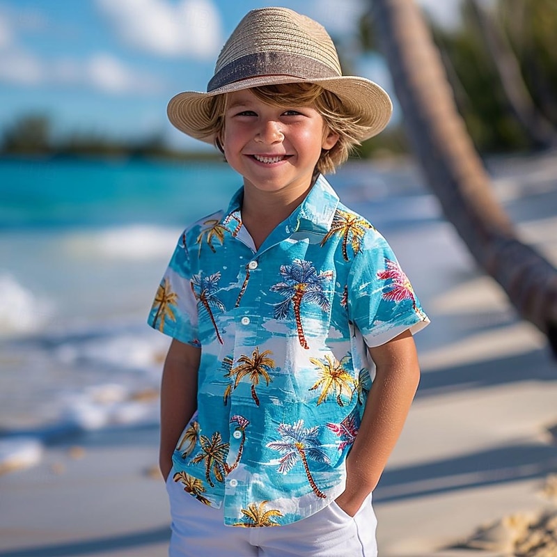 Boys 3D Graphic Leaf Tree Shirts Blue Short Sleeve 3D Print Summer Vacation Tropical Daily Kids 3-12 Years Lapel Outdoor Casual Daily Tailored Fit3
