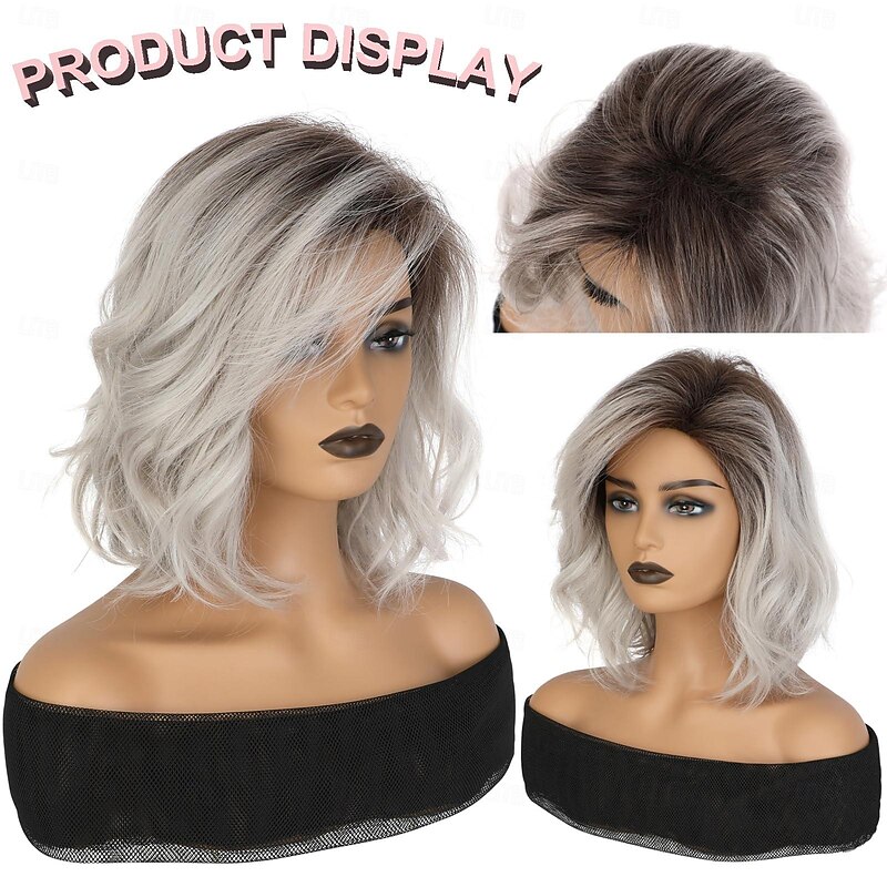 Curly Wavy Short Bob Wig With Bangs For Girls Women Daily Use Shoulder Length Side Part Synthetic Hair Replacement Wigs Natural Looking 12 inch4