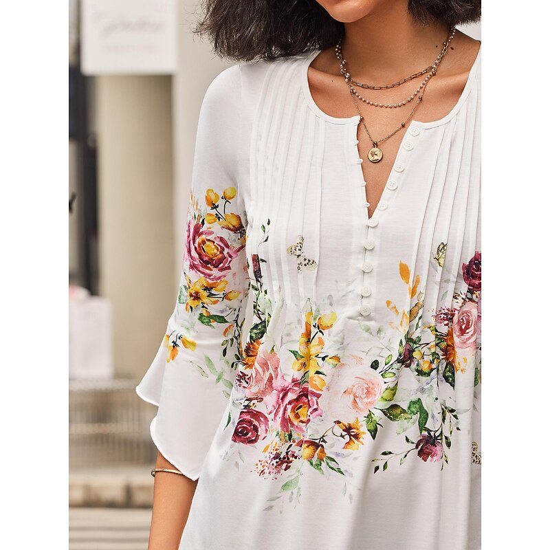 Women's T shirt Long Sleeve Basic Floral Buttons Print 3/4 Length Sleeve Regular Tops Round Neck Casual Holiday White Prefall4
