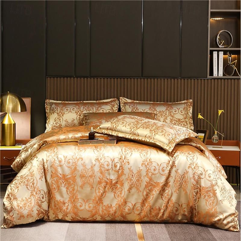 3pcs Cooling Duvet Cover Elegant Damask Fabric Jacquard Duvet Cover Set 3 Piece Quilt Cover Satin Bedding Set Full Duvet Cover Pillowcases(1 Duvet cover  2 Pillowcases)