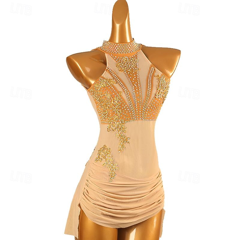 Figure Skating Dress Women's Girls' Ice Skating Dress Champagne Patchwork Open Back Mesh High Elasticity Training Competition Skating Wear Classic Sleeveless Ice Skating Figure Skating2