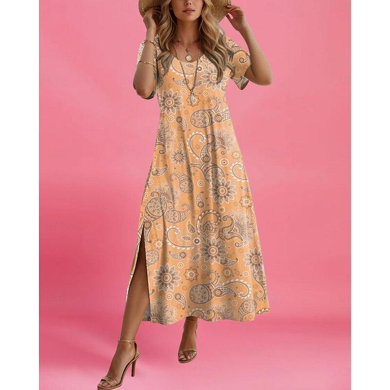 Women's Maxi Dress Paisley Dress Casual Dress Maxi Dress Sundress Ethnic Tribal Vacation Street Holiday Regular Fit Paisley Short Sleeve Crew Neck Red Blue Purple Orange Summer4