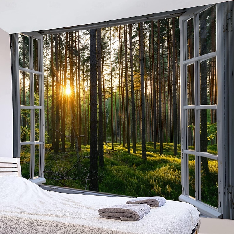 Window Forest View Hanging Tapestry Wall Art Large Tapestry Mural Decor Photograph Backdrop Blanket Curtain Home Bedroom Living Room Decoration4