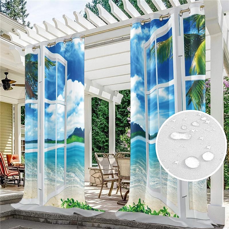 Outdoor Curtains Waterproof Windproof Weatherproof Curtain for Patio, Cabana, Porch, Pergola and Gazebo, Grommet Top Drape, 2 Panels Garden Theme4
