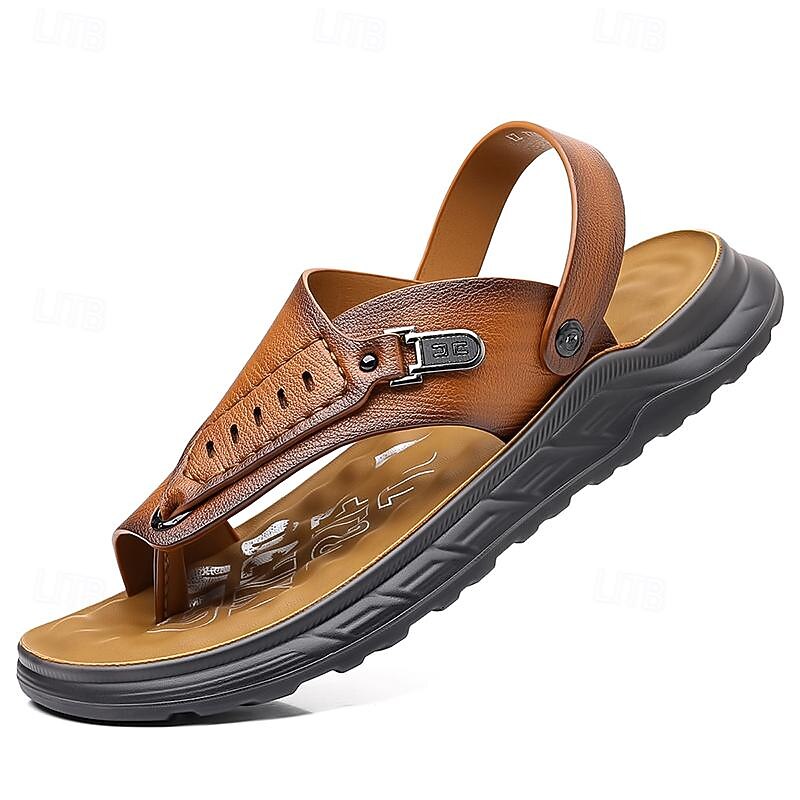 Men's Leather Sandals Slippers & Flip-Flops Retro Walking Casual Daily Vacation Beach Comfortable Slip-on Shoes Yellow Gray2