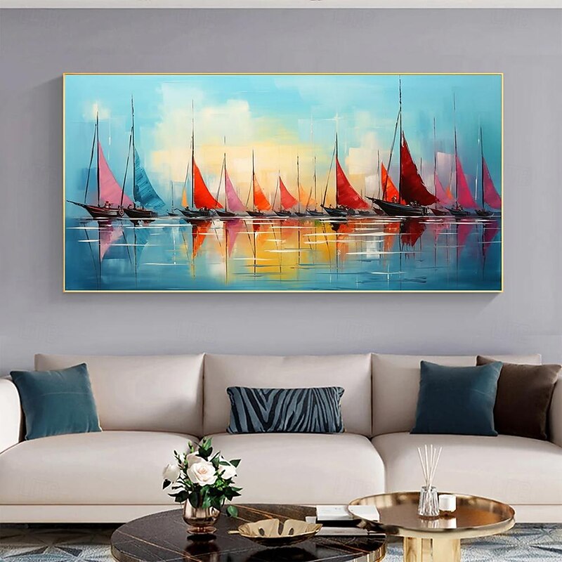 Mintura Handmade Boat Oil Paintings On Canvas Large Wall Art Decoration Modern Abstract Sailboat Landscape Picture For Home Decor Rolled Frameless Unstretched Painting2