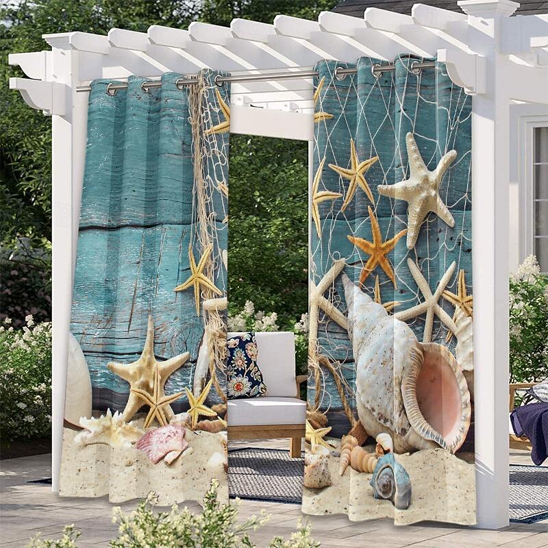 Outdoor Curtains for Patio Waterproof Blackout Outside Deck for Gazebo Pavilion Pergola Arbor Sun Room, 2 Panels, Beach Shells3