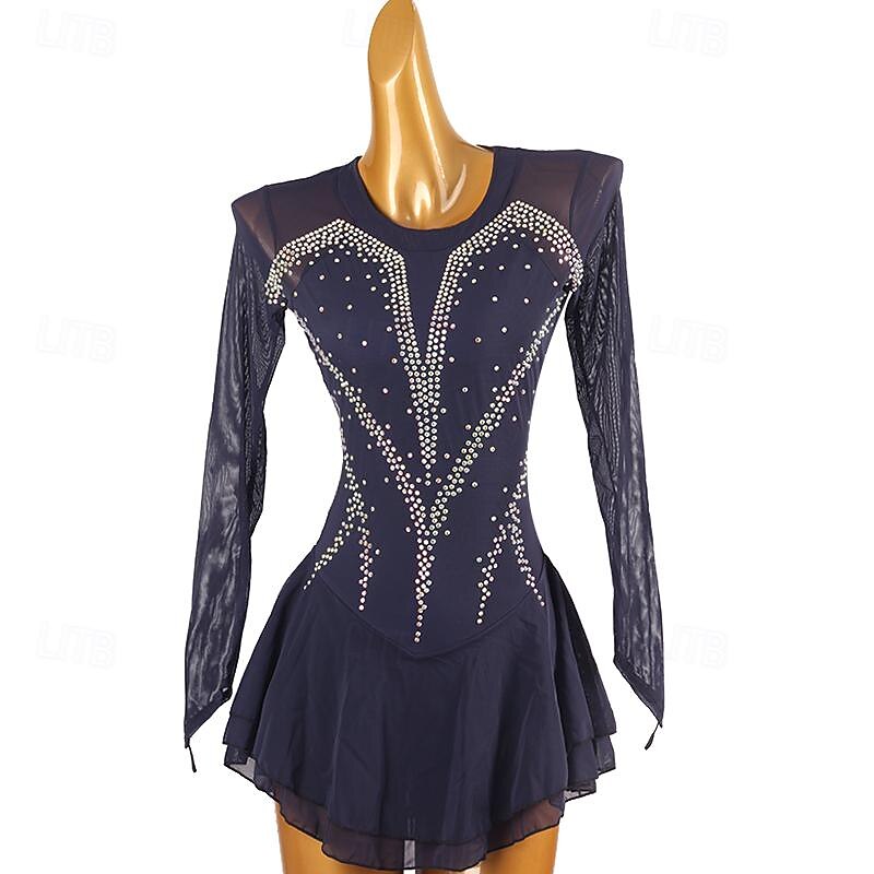 Figure Skating Dress Women's Girls' Ice Skating Dress Dark Navy Patchwork Open Back Mesh High Elasticity Training Competition Skating Wear Classic Crystal / Rhinestone Long Sleeve Ice Skating Figure3