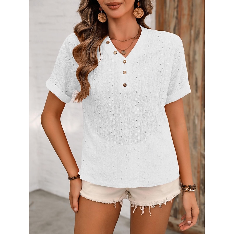 Women's White Elegant Lace Tops Eyelet Blouse Fashion Plain Regular Tops Short Sleeve V Neck Lace Regular Fit Vacation Daily Romantic Petite Tops Summer Holiday Wear Black White Orange Summer3