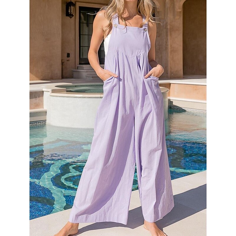 Women's Normal Overall Streetwear Solid Color Sleeveless U Neck Buttons Pocket Street Daily Regular Fit Pink Purple Fuchsia Summer2