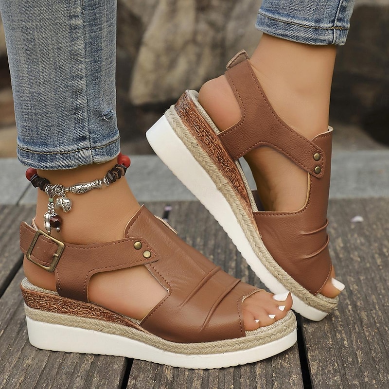 Women's Red and Brown Platform Sandals – Faux Leather Espadrille Wedge Sandals with Buckle Strap for Summer Travel, Beach Outings, and Casual Wear3