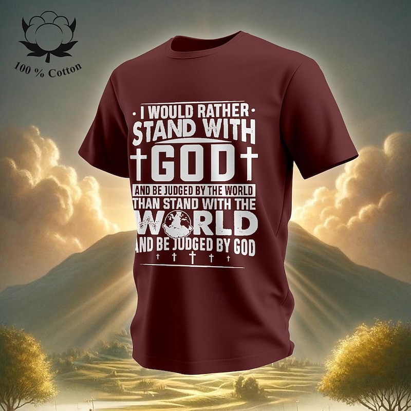 Men's Graphic Tee: Christian Faith Statement 'Stand With God, Be Judged By God' 100% Cotton Short Sleeve