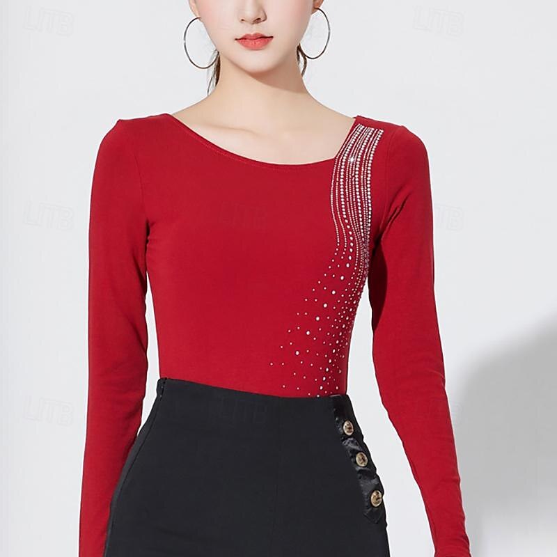 Latin Dance Ballroom Dance Top Pure Color Splicing Crystals / Rhinestones Women's Performance Training Long Sleeve High Cotton Blend3