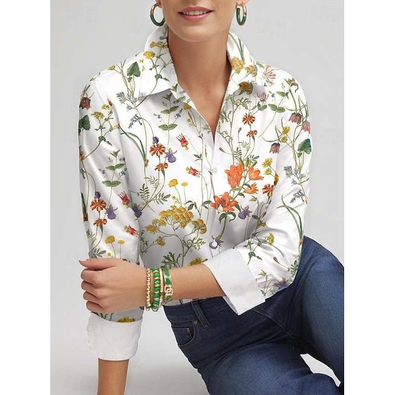 Women's Shirt Long Sleeve Button Down Blouse Fashion Streetwear Floral Buttons Print Regular Tops Shirt Collar Casual Holiday White Spring &  Fall