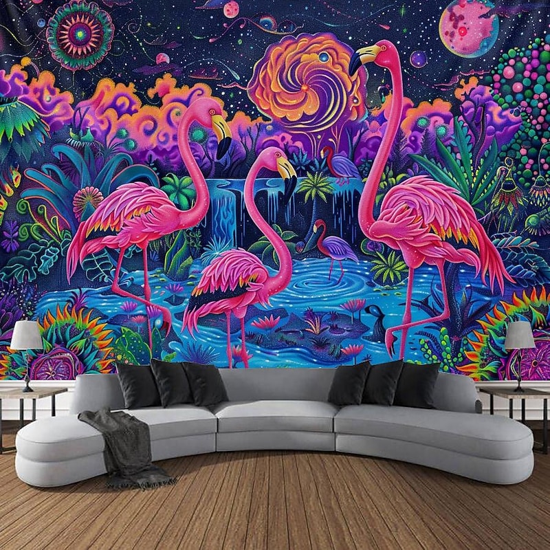 Blacklight Tapestry UV Reactive Glow in the Dark Glow Party Neon Flamingo Animal Psychedelic Trippy Misty Hanging Tapestry Wall Art Mural for Living Room Bedroom