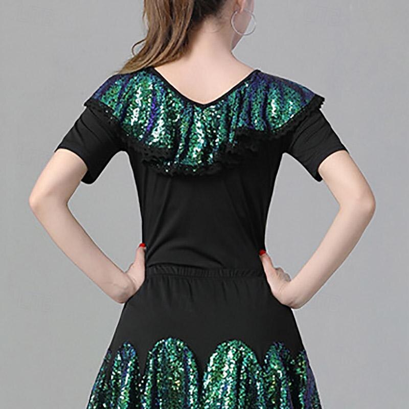 Latin Dance Ballroom Dance Top Ruffles Pure Color Splicing Women's Performance Training Short Sleeve Polyester3
