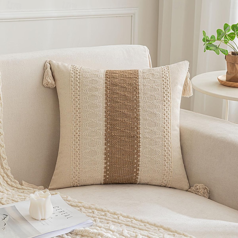 Throw Pillow Covers with Tassels for Farmhouse Living Room, Cotton & Burlap Textured Striped Woven Boho Pillow Covers (Beige & Brown, Single Striped)3