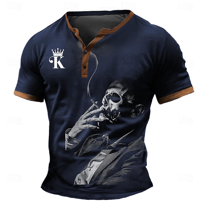 Men's Halloween Graphic Skull Henley Shirt Short Sleeve 3D Print Fashion Designer Comfortable Daily Summer Black Blue Green Henley Henley T-Shirt4