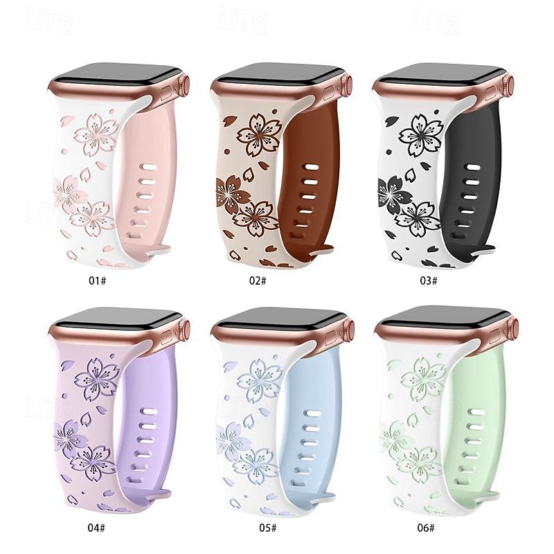 Flower Engraved Compatible with Apple Watch band 38mm 40mm 41mm 42mm 44mm 45mm 49mm Rugged Butterfly Buckle Silicone Strap Replacement Wristband for iwatch Ultra 2 Series 9 8 7 SE 6 5 4 3 2 1