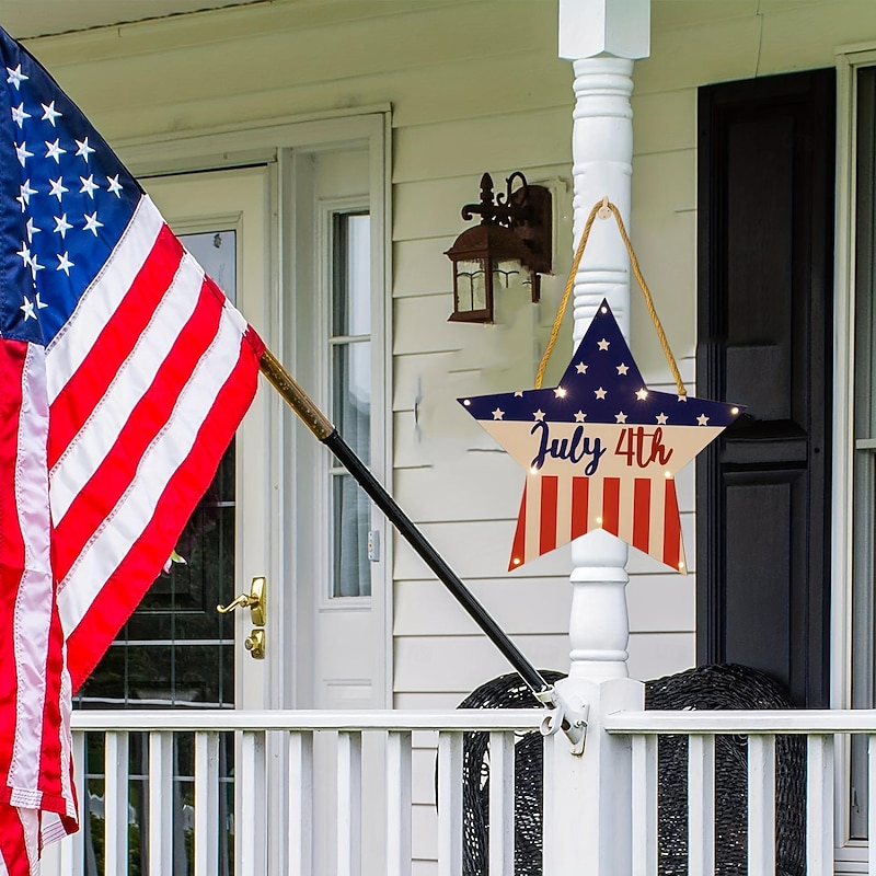 Patriotic Light-Up Welcome Sign for Front Door, 4th of July Independence Day Wreath Decorations, Outdoor Door Hanger for Porch, Wall, Window, 12 Inch4