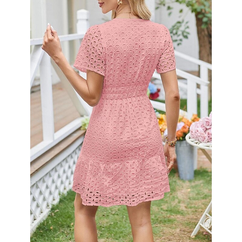 Women's White Dress Mini Dress Lace Eyelet Vacation Casual Split Neck Short Sleeve Black White Yellow Color 12