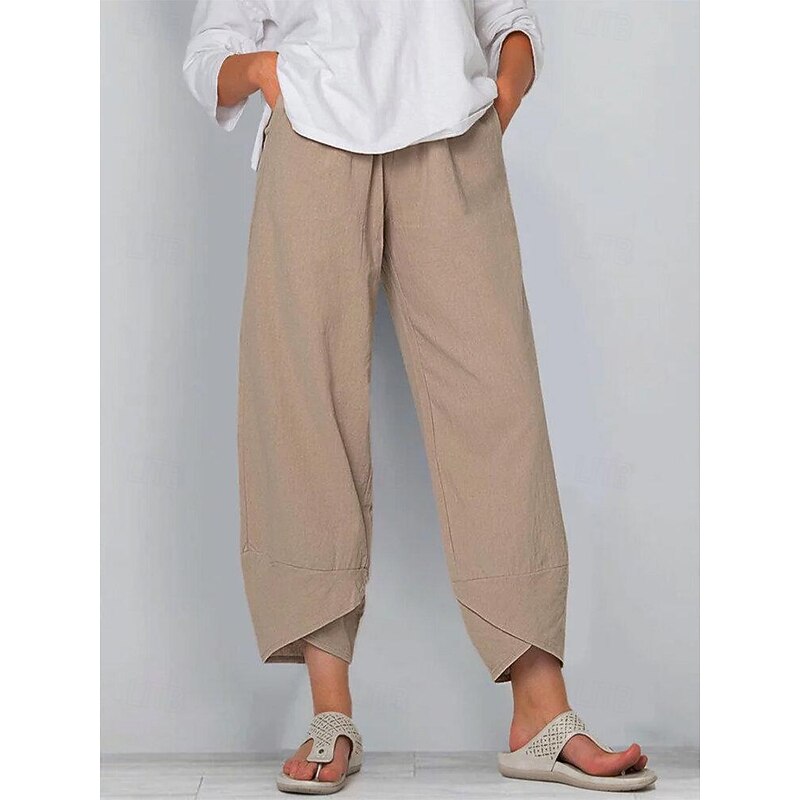 Women's Cotton Linen Pants Pants Trousers Casual Daily Ankle-Length Plain Side Pockets Breathability Comfortable Inelastic Weekend Black Wine Green Khaki Spring & Summer Regular Fit2