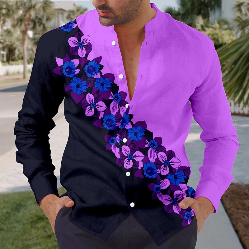 Men's Floral Shirt Button Up Shirt Long Sleeve Vintage Daily Wear Going out Weekend Summer Spring &  Fall Standing Collar Print Button-Down Rose+Black Violet Yellow Blue Orange4