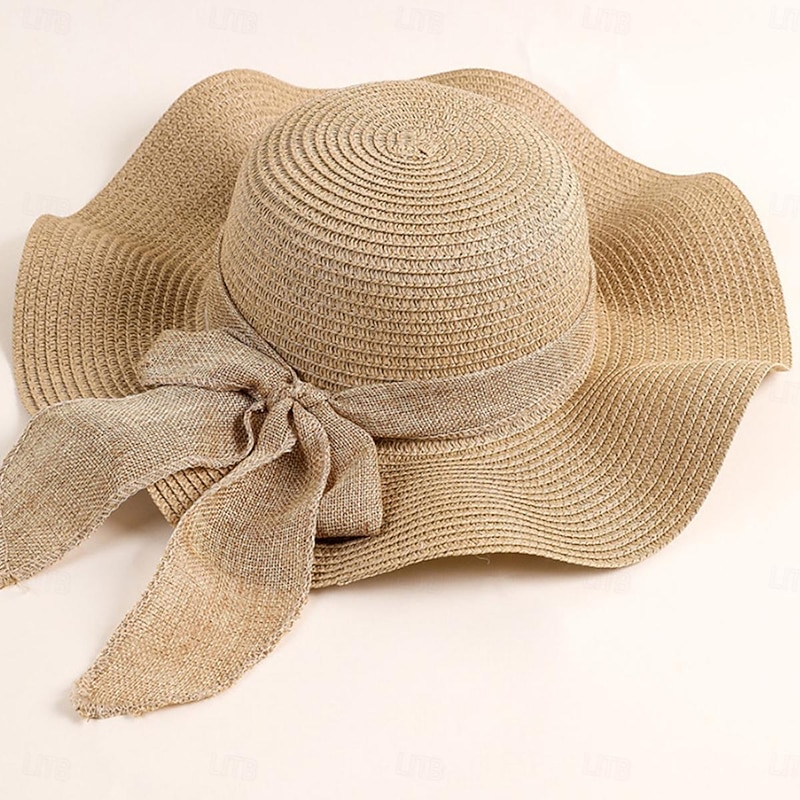 Women's Hat Sun Hat Portable Sun Protection Outdoor Holiday Beach Bow Pure Color