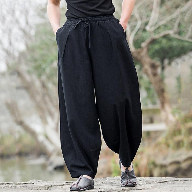 Men's Linen Pants Trousers Summer Pants Beach Pants Pocket Drawstring Elastic Waist Plain Comfort Breathable Daily Holiday Vacation Hawaiian Boho Black Navy Blue4